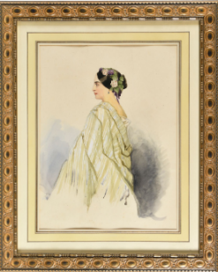 Princesse Mathilde (1820-1904). École française du XIXe siècle. « Portrait de profil d'une femme à la cape rayée », grand dessin au crayon, aquarelle et rehauts de gouache. 47 x 34 cm